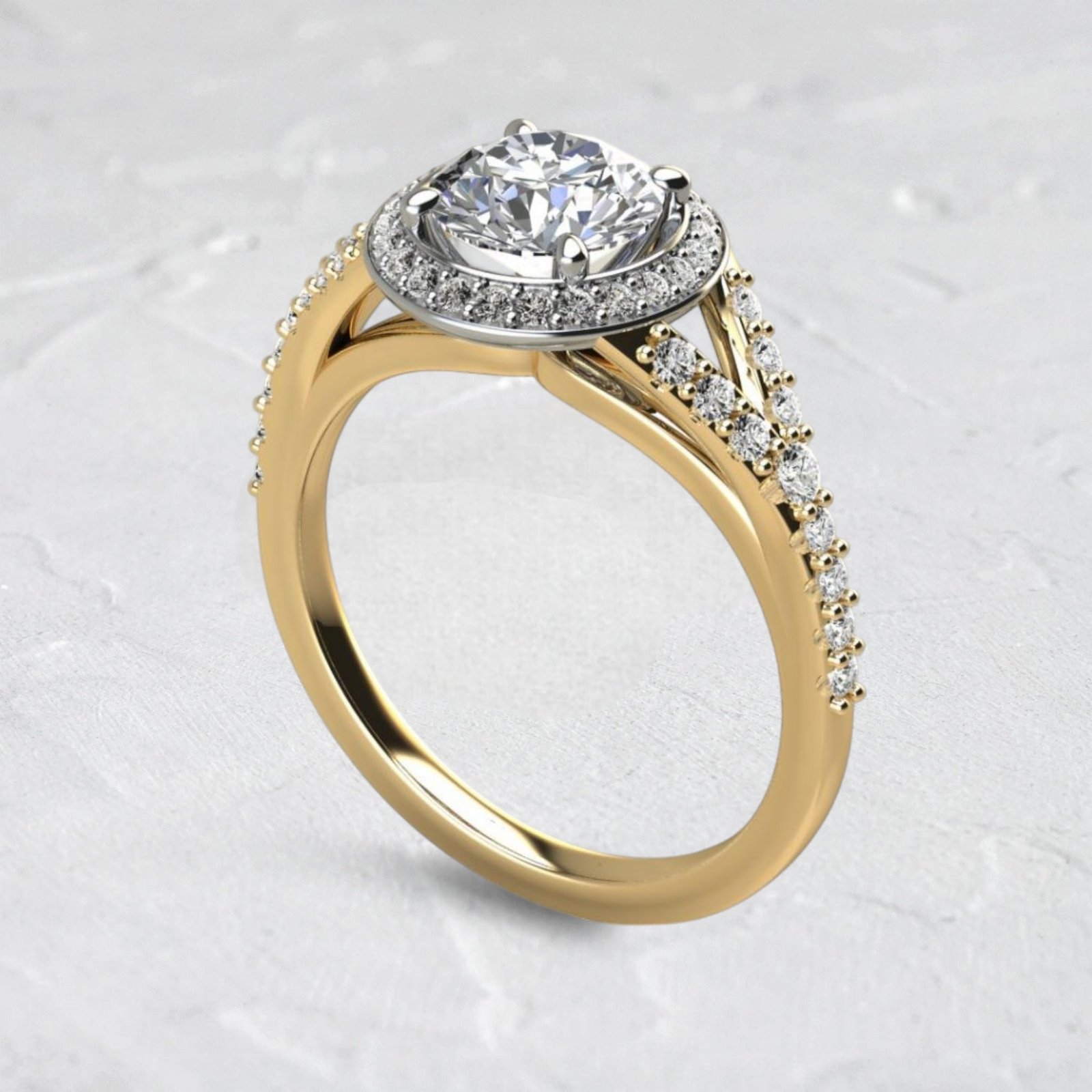 Lab Created Round Diamond Split Shank Halo Engagement Ring