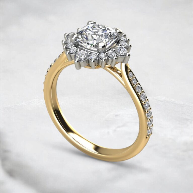geeky-graduated-halo-cushion-cut-moissanite-engagement-ring-yellow-gold-sarlyn