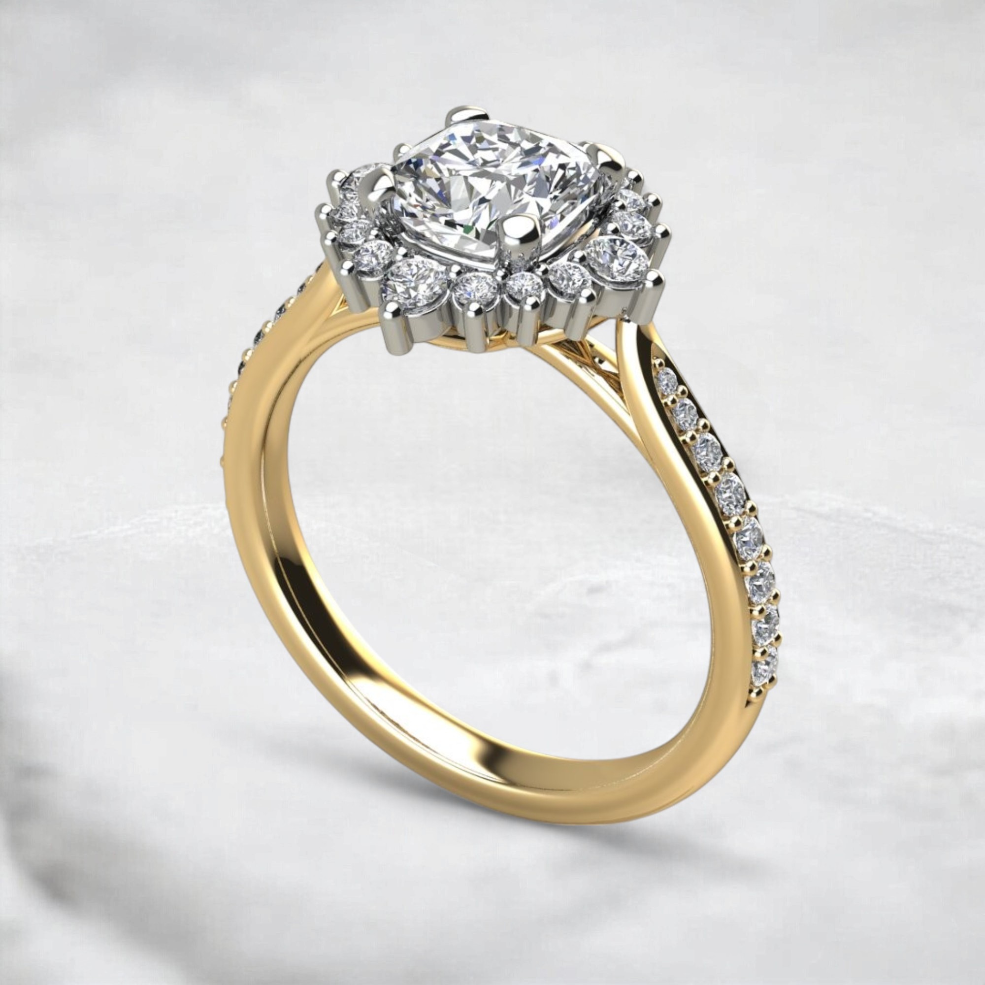 geeky-graduated-halo-cushion-cut-moissanite-engagement-ring-yellow-gold-sarlyn