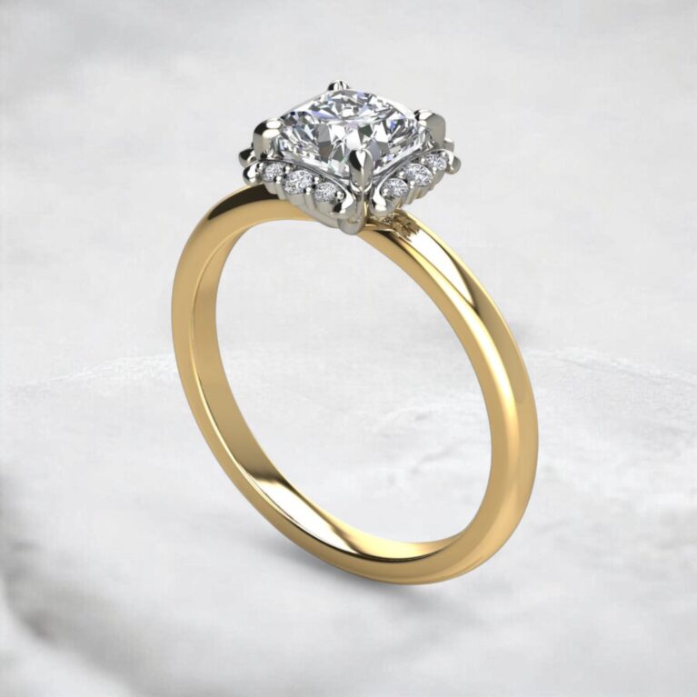 solitaire-cushion-cut-moissanite-floral-halo-engagement-ring-yellow-gold-sarlyn