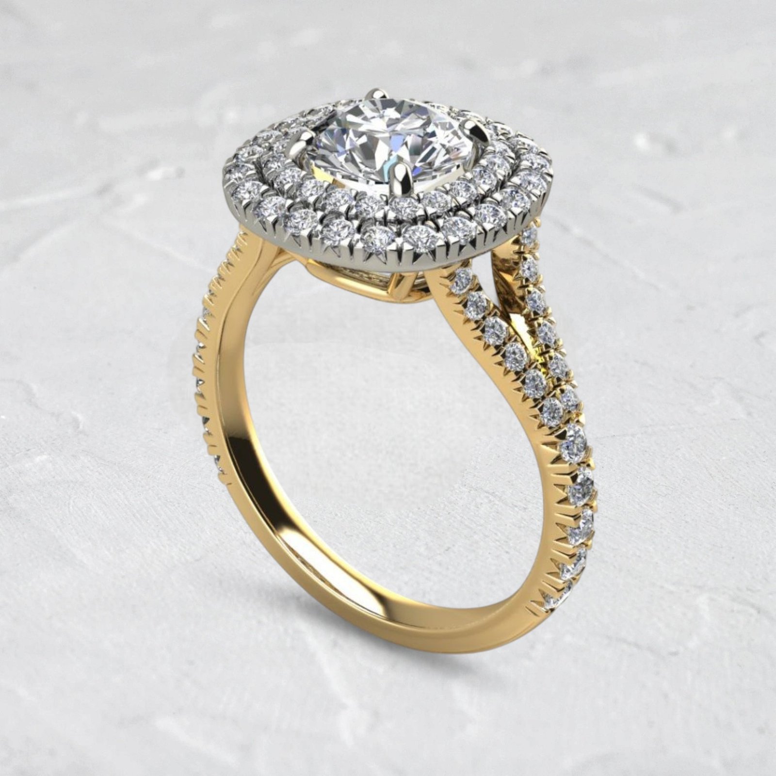 Lab Created Round Cut Double Halo Split Shank Diamond Ring