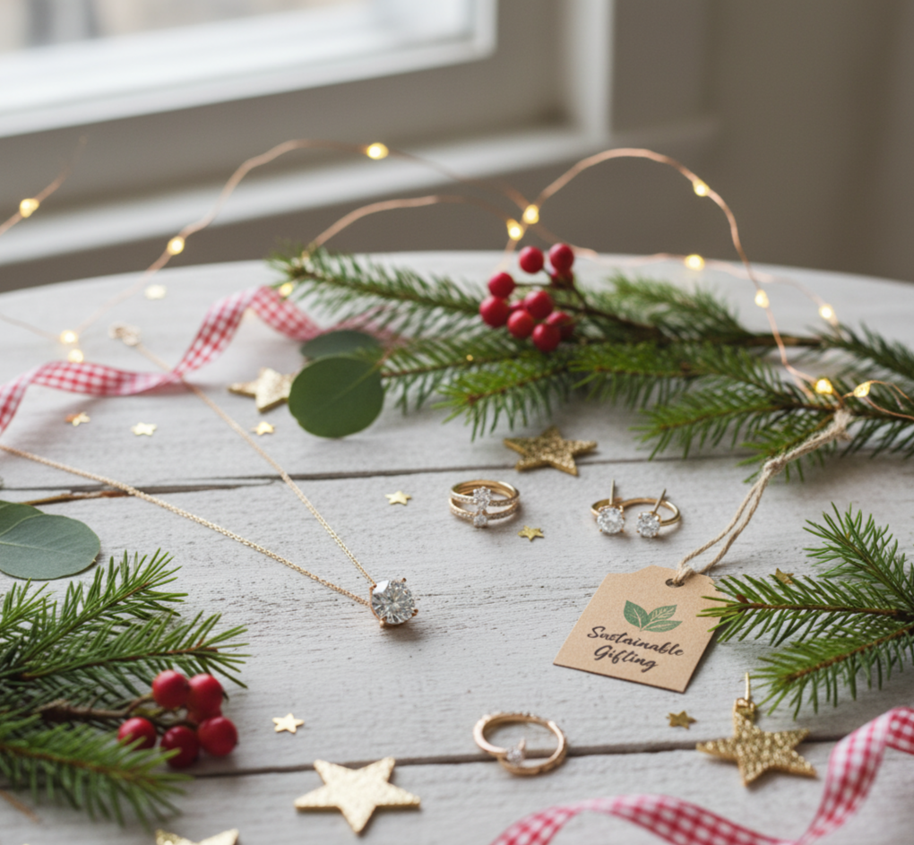 Jewelry-gift-box-with-a-sparkling-ring-on-a-Christmas-table-surrounded-by-ornaments-and-candles.