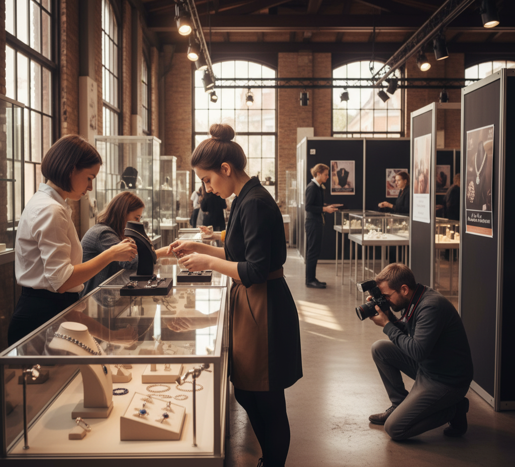behind-the-scenes-setup-of-jewelry-exhibition-with-designers-arranging-lights-and-displays