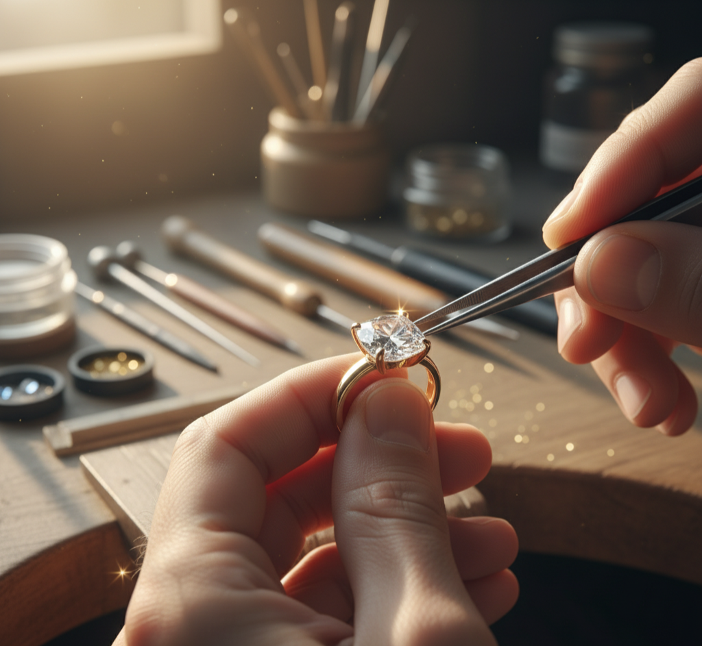 close-up-of-jeweler-setting-cushion-cut-moissanite-stone-into-gold-ring-in-workshop
