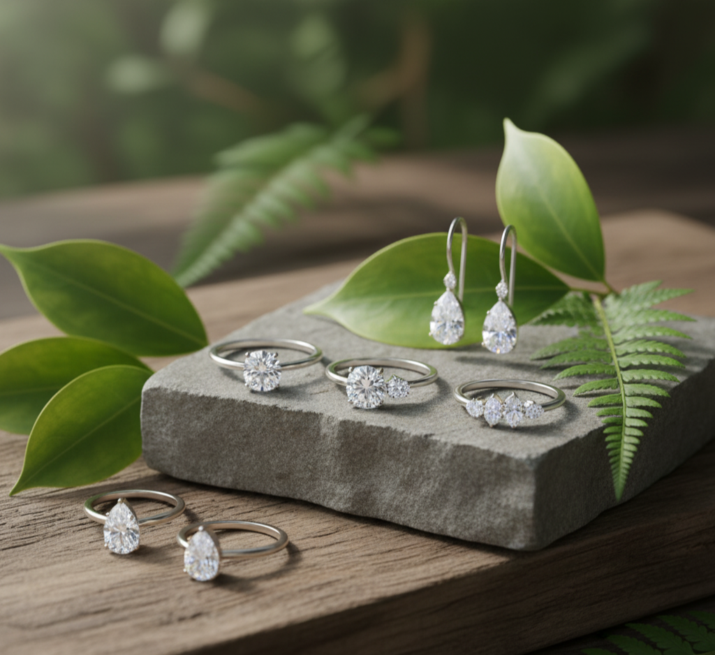 eco-luxury-display-of-moissanite-rings-and-earrings-on-wooden-and-stone-textures-with-green-leaves