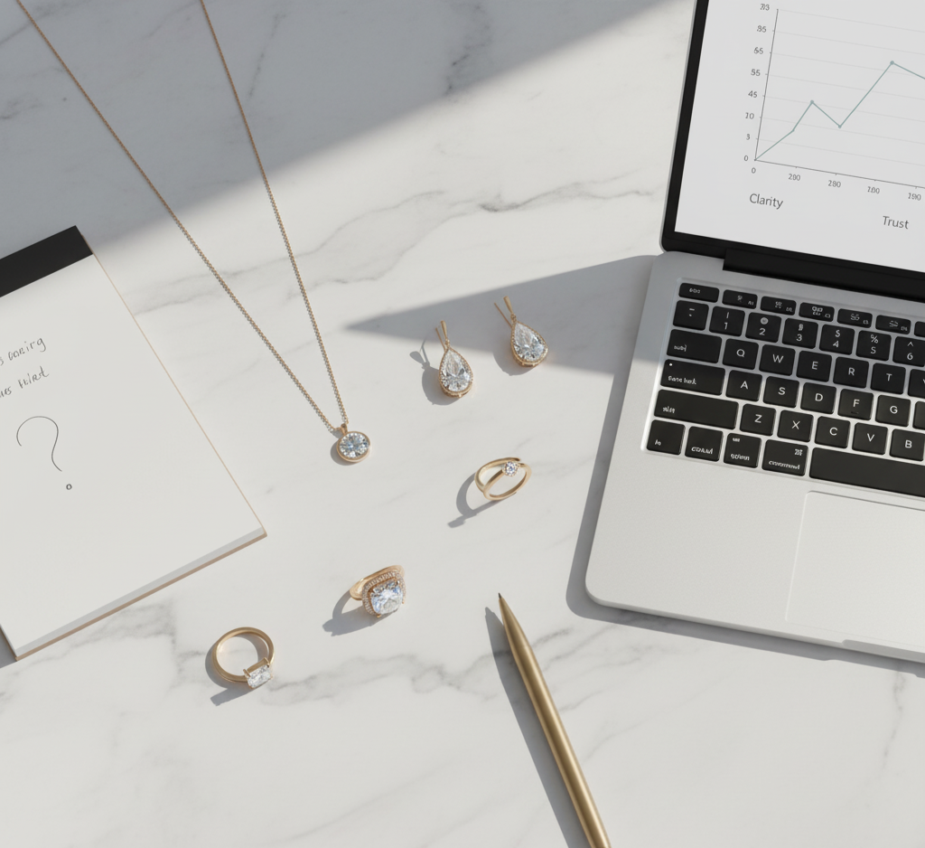 elegant-flat-lay-of-moissanite-jewelry-with-notepad-and-laptop-minimalist