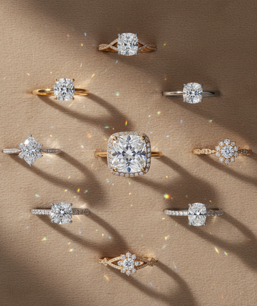 flat-lay-of-cushion-cut-halo-and-solitaire-moissanite-rings-on-soft-beige-velvet-background