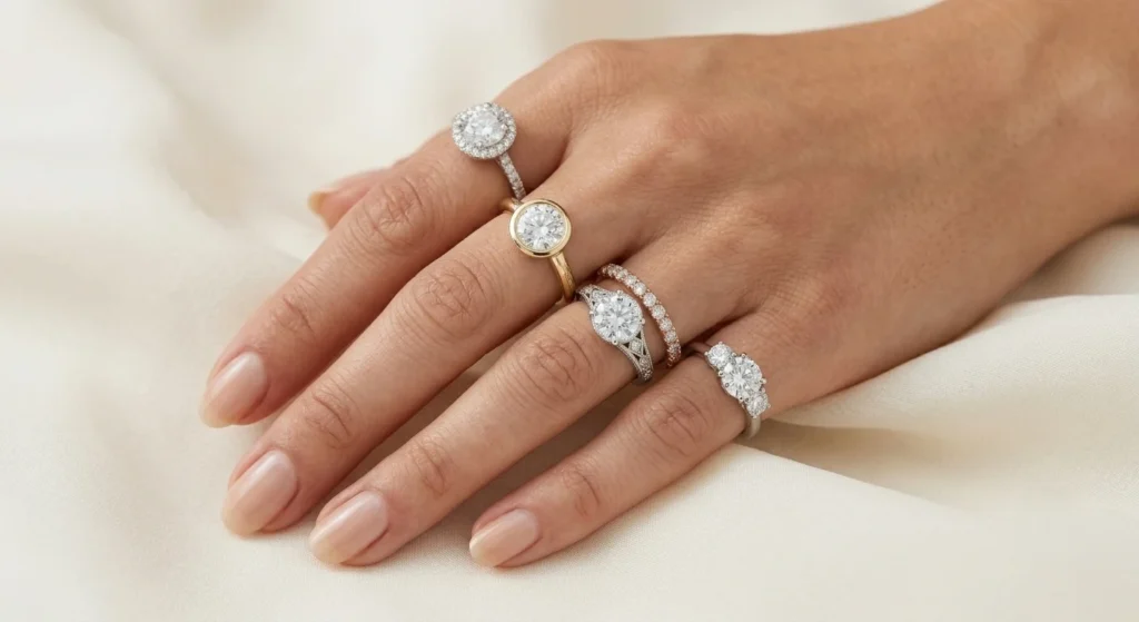 popular-engagement-ring-styles-explained-halo-bezel-vintage-pavé-and-three-stone-rings-1A